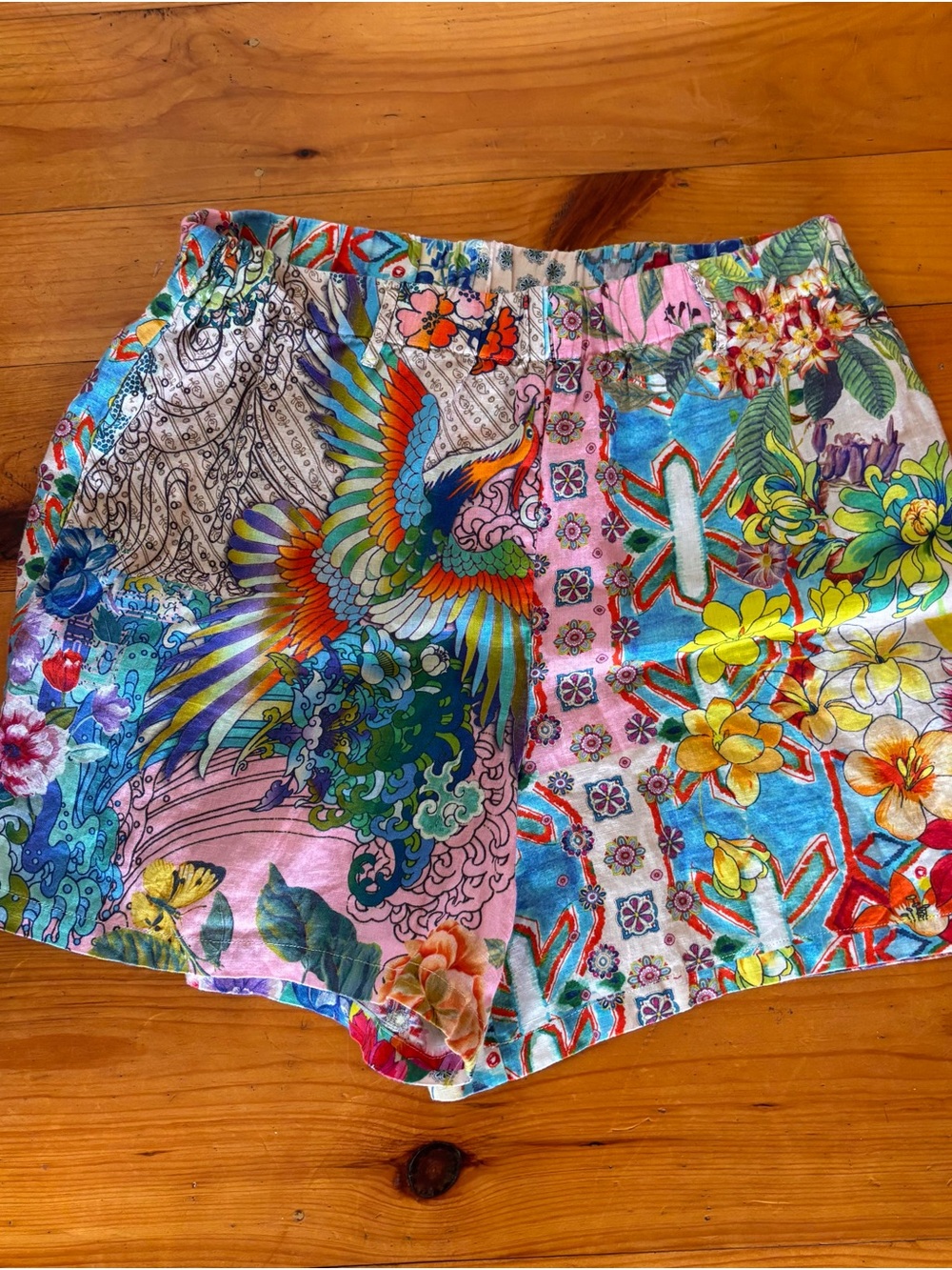 Johnny Was Workshop patchwork Tropical Bird & Floral High-Waist Shorts